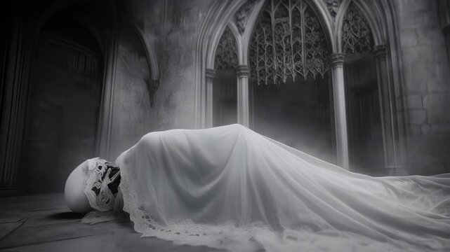 Gothic horror scene depicting a skeleton bride lying on the floor of a church, covered by a white veil, creating a dark and eerie atmosphere
