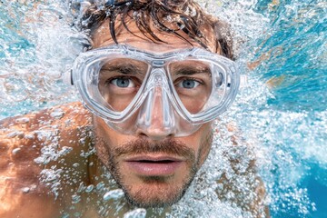 Fototapeta premium Man swimming underwater with diving mask, surrounded by bubbles, looking at camera.