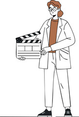 Obraz premium Young person holding movie clapperboard with glasses and casual outfit vector illustration 