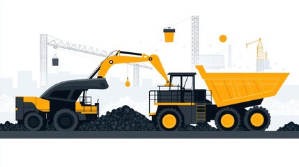 Construction scene with an excavator loading a dump truck on a minimalist background