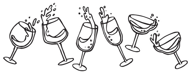 set of festive glasses of champagne, wine. vector illustration in doodle style. celebration, new year, wedding