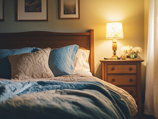 Serene bedroom interior with quilted bedding and warm lamp light
