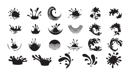 Black Water Splash and Drop Silhouette Vector Set. Liquid Icons and Wave Elements. Victor illustration eps 10