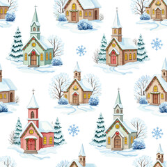 Fototapeta premium Watercolor Winter Village Seamless Pattern - Christmas Holiday Background