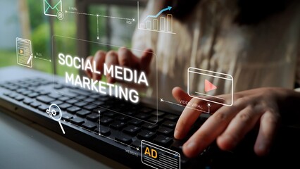 Naklejka na ściany i meble Social media marketing strategy with engagement metrics. Social marketing boosts media visibility. Social media marketing drives traffic. Social media marketing increases engagement. Muxer