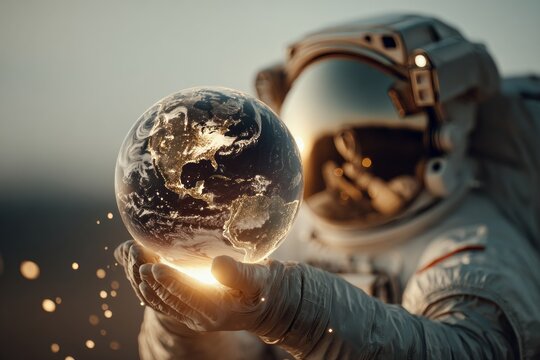 A man in a space suit holding a globe