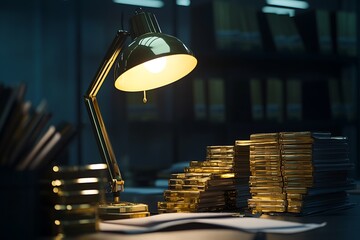 A cartonic desk lamp shining on stacks of files and gold bars, representing late-night business planning 