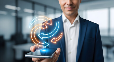 Man in suit holding phone with glowing arrows suggesting data transfer or process isolated on white background, tarensparent background, png, jpg,jpeg, on transparent background