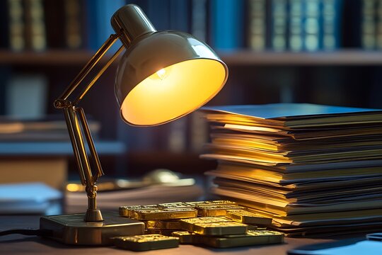 A cartonic desk lamp shining on stacks of files and gold bars, representing late-night business planning 