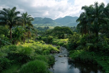 Serene river meanders through lush tropical valley, framed by verdant hills under a partly cloudy sky