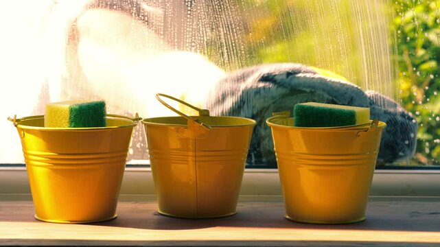 Spring cleaning washing windows with soapy suds