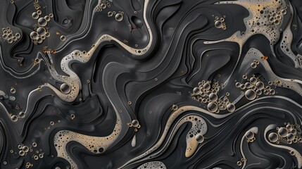 Luxurious abstract background with swirling black and gold fluid art and bubbles creating a captivating visual experience