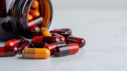 Red, orange and brown capsules are spilling from a dark pill bottle on a white surface, depicting pharmaceutical products and medicine