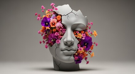 Surreal sculpture of a cracked stone human head filled with vibrant blooming flowers, blending art, emotion, and nature in a minimalist setting.