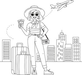 Woman traveler with luggage and airplane in a city