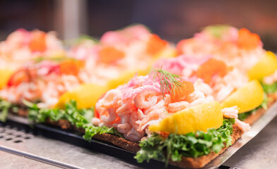 delicious national food of Sweden Stockholm in restaurant Skagenröra shrimp sandwich