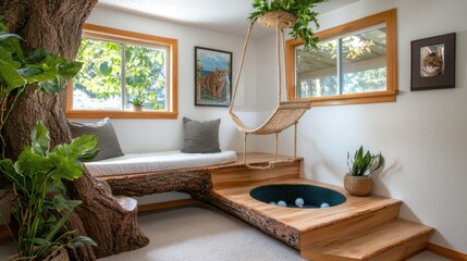 A colorful, multi-level cat condo with various platforms, scratching posts, and toys for a cat's playtime and relaxation