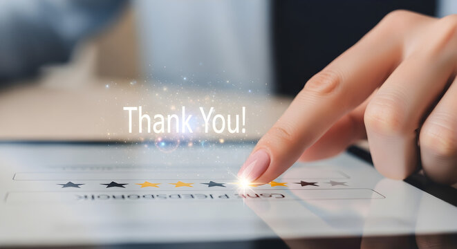 A finger taps a tablet displaying a thank you message and star rating system isolated on white background, tarensparent background, png, jpg,jpeg, on transparent background