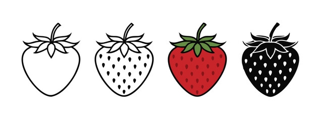 Strawberry vector illustration icon set red outline black and silhouette on white background.