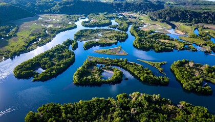 Aerial View of Meandering River in Vibrant Lush Valley Landscape