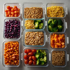 Overhead photo of healthy meal prep containers filled with colorful vegetables and grains, arranged neatly on kitchen countertop.