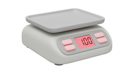 Digital kitchen scale with display showing weight on white background, close-up