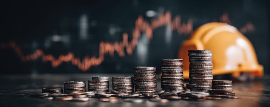 Coin stacks ascending against blurred stock graph and hard hat