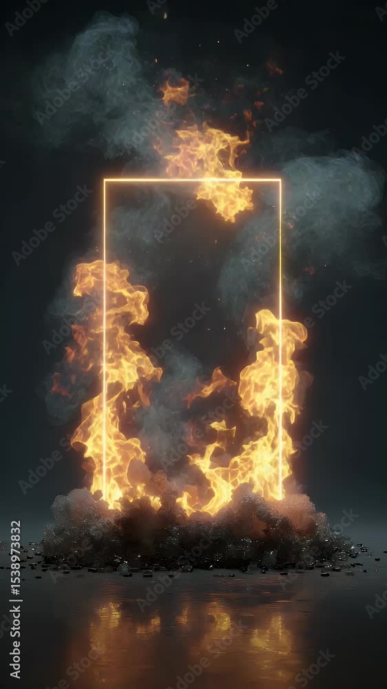Poster dynamic fire flames erupting around a glowing rectangular frame on a reflective surface