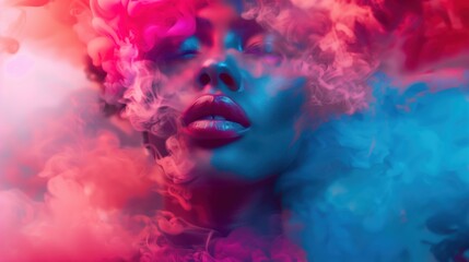 Woman posing elegantly amid swirling, colorful smoke, embodying artistic fashion with dramatic, mystical visual aesthetic
