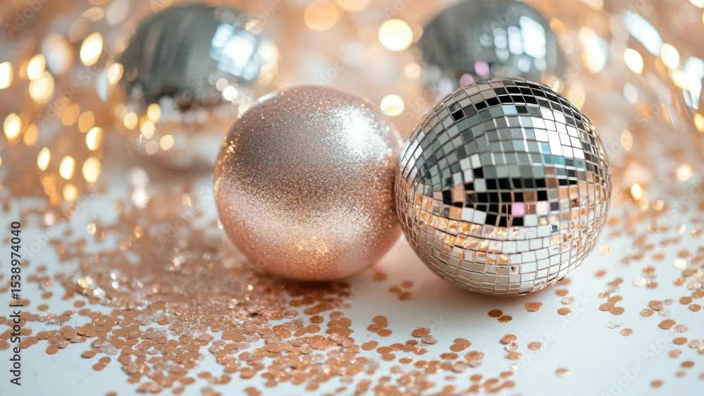 Poster a pair of shiny disco balls resting on a table, perfect for parties and events