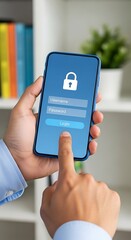 Hand touching login button on smartphone demonstrating digital security and password protection