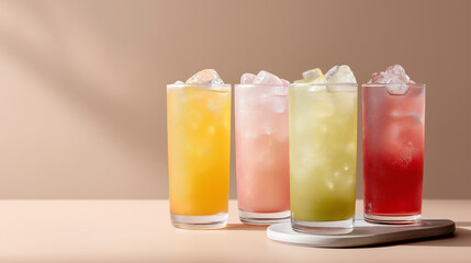 Side view of mixed iced drinks in tall glasses, spaced evenly with large ice cubes, beige tabletop, soft gradient background, modern minimal look, space between drinks for menu design or branding

