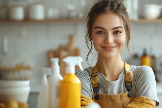 Cheerful female cleaning professional preparing kitchen surfaces using green eco friendly products, demonstrating sustainable home care approach