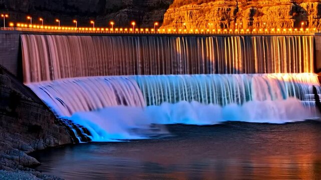 Colorful waterfall at night dam