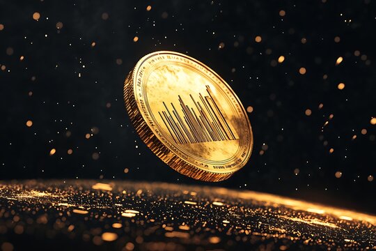 A cartonic gold coin with bar chart imprinted, floating in space 