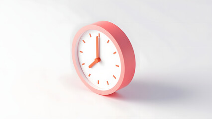 Pink clock with white face and orange hands showing twelve oclock, casting soft shadow on white background, simple modern design