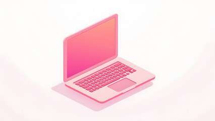 Pink laptop computer with keyboard and touchpad in simple style, bright and modern design with soft shadows