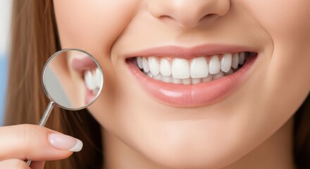 Fototapeta premium Closeup of woman s healthy white teeth and gums with dental mirror