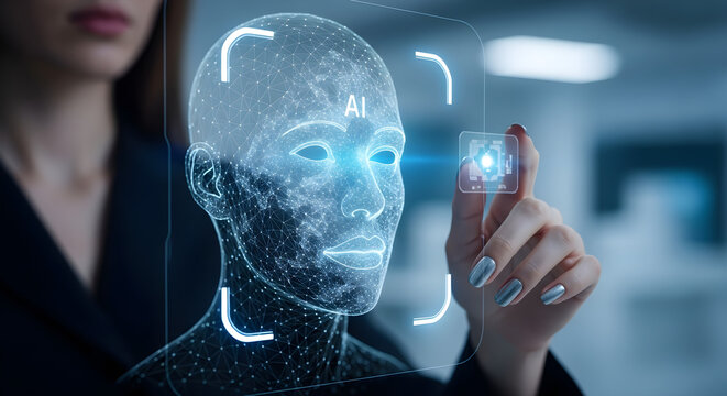 Woman interacting with holographic ai interface on a transparent display screen isolated on white background, tarensparent background, png, jpg,jpeg,  on transparent background