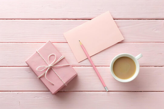 Pink gift and card with coffee on a pink wooden table