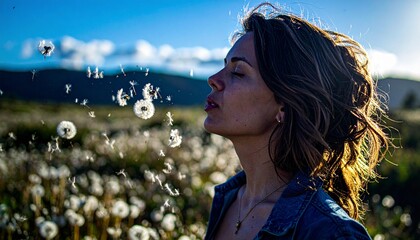 Woman Relaxing Outdoors with Dandelion Seeds Floating in Afternoon Light 