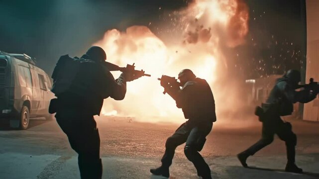 Special forces soldiers engaging in intense gunfire, battling enemy combatants near explosive blaze during challenging nocturnal military mission