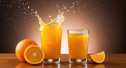 Fresh orange juice splash in glasses with oranges
