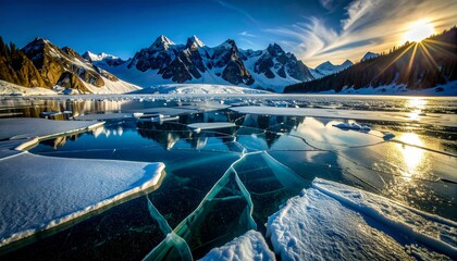 Scenic View of Snow-Capped Mountains with Cracked Ice and Sunset Reflections