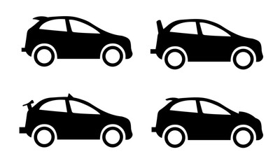 A set of four black silhouette icons depicting different styles of compact cars, including one with a roof rack and another with a unique vertical attachment.