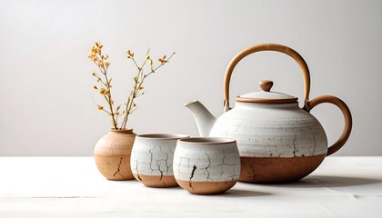 Quiet Tea Setup in Wabi-Sabi Style. Interior Design Mockup