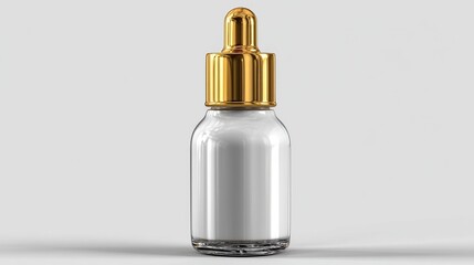 Elegant glass dropper bottle with golden cap, showcasing a clear serum against a neutral background