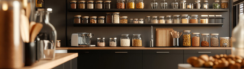 Modern kitchen with organized shelves displaying jars of various ingredients, including grains, nuts, and spices. sleek design features wooden countertops and minimalist aesthetic, creating warm