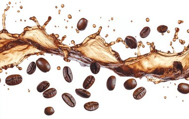 Coffee splashing with beans, creating a dynamic and energizing visual effect.
