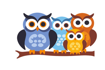 Obraz premium Colorful Owl Family on Branch-Cute Cartoon Owls-Adorable Bird Illustration- Whimsical Owl Art-Perfect for Kids Decor-Playful Owl Design-Nature Inspired Art